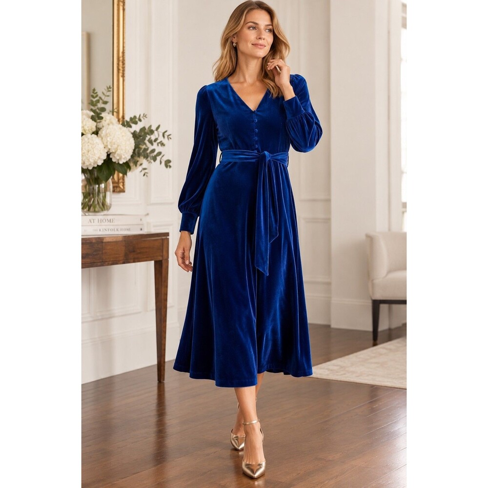 Boden Rita Velvet Midi Dress Women’s 14 Long Blue Depths Tie Waist Button Front